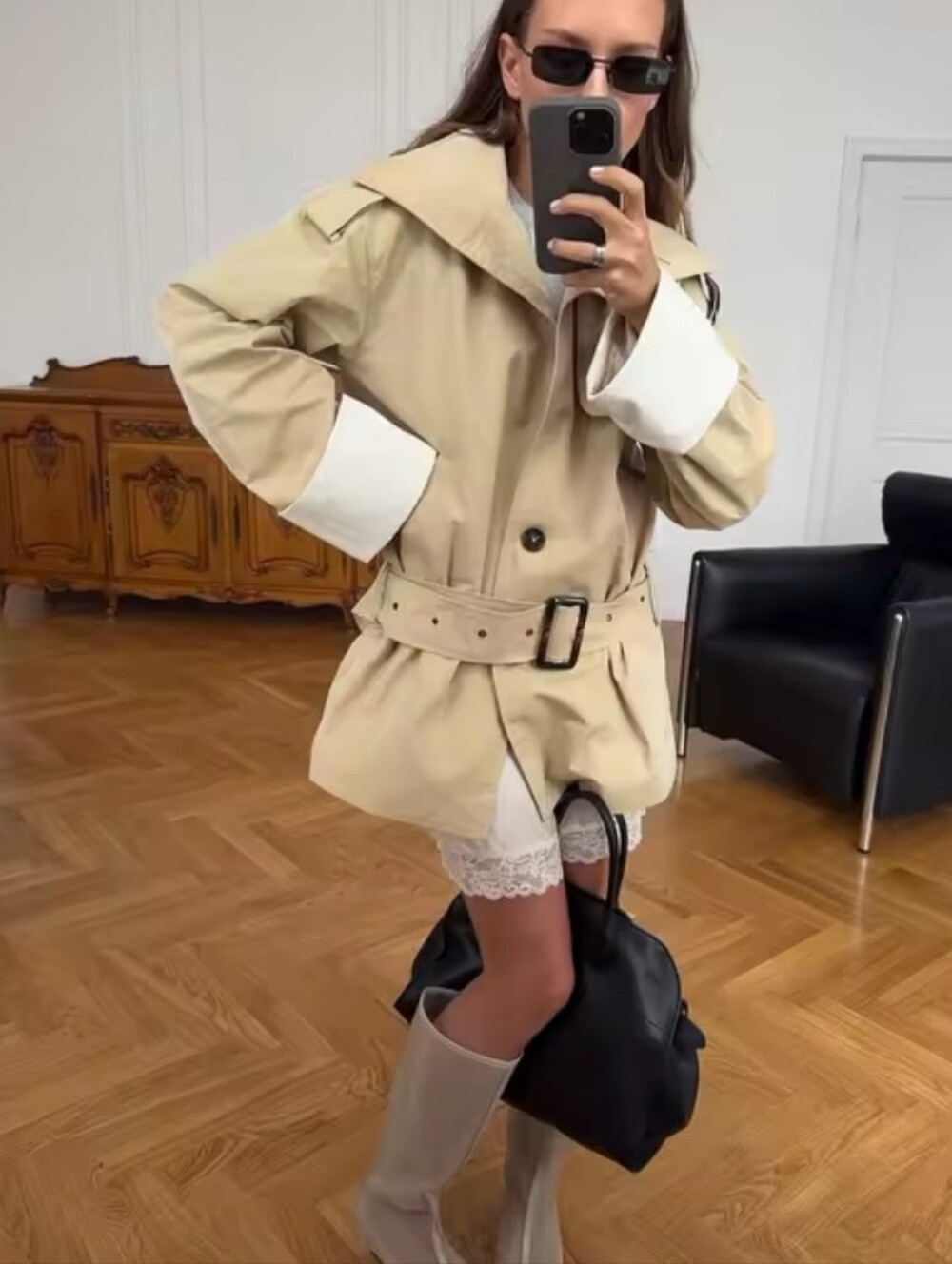 Women Chic Stand Collar Belted Trench Coat Casual Contrast Cuff Single Breasted - Picture 7 of 7
